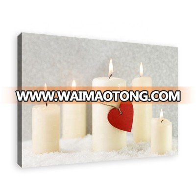 LED Light White Candle With Red Heart Canvas Painting Wall Art For Living Room