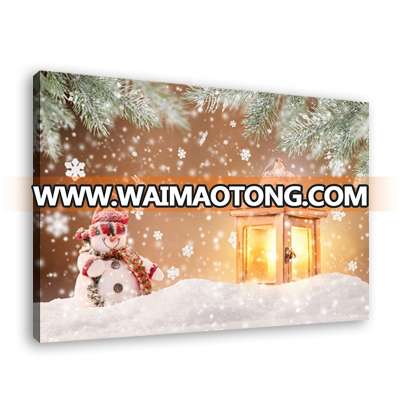 LED Light Lantern And Snowman Wall Art Flickeriing Canvas Painting For Christmas